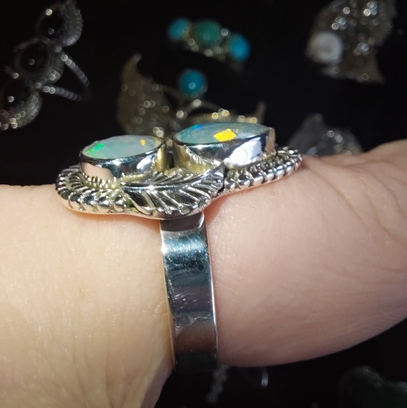 Ethiopian Opal Teardrop & Round Cut Sterling Silver Statement Ring - Picture 8 of 16